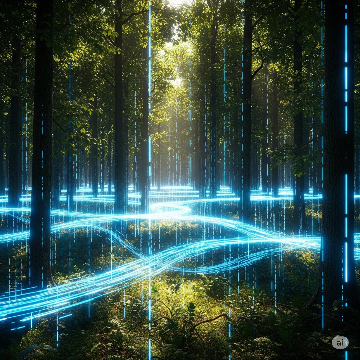 Forest interwoven with glowing optical fibers